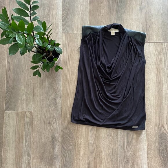 Michael Kors Black Sleeveless Cowl Neck Blouse with Leather Shoulder Detail - Picture 1 of 12
